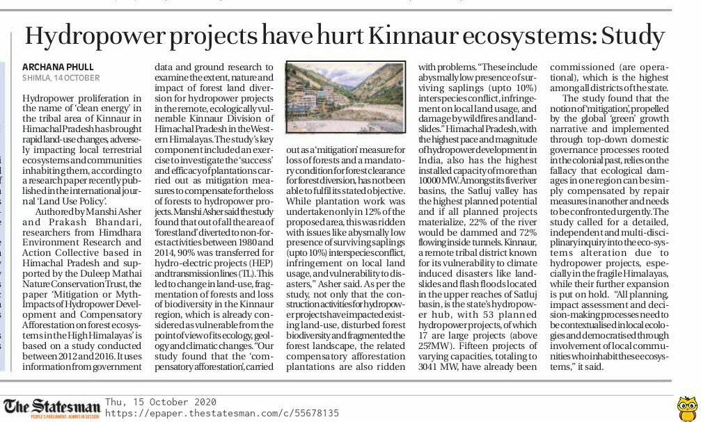 Hydropower Projects have hurt Kinnaur Ecosystem : Study